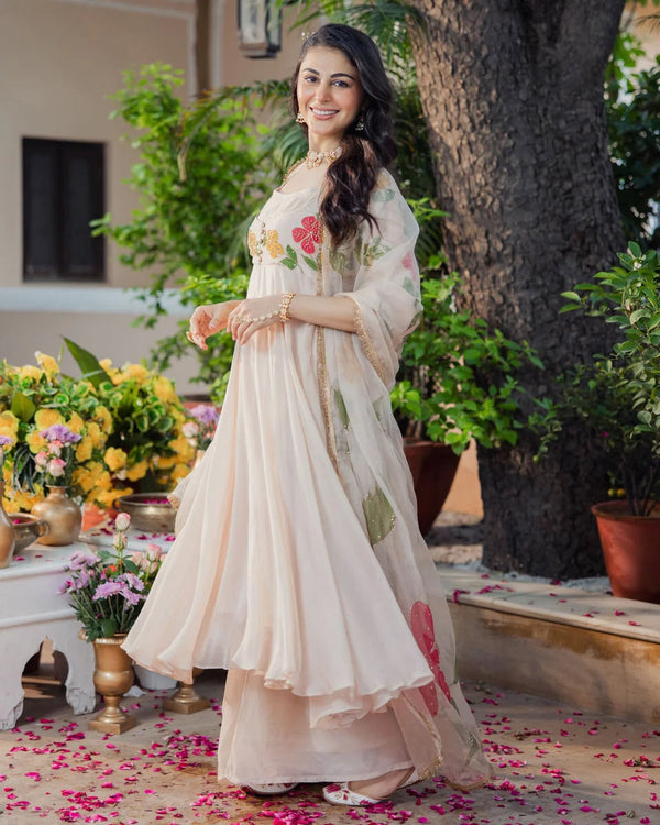 Ivory Floral Embroidered Anarkali Suit Set with Organza Dupatta for Women