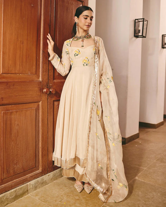 Cream Anarkali Suit Set with Floral Embroidered Dupatta for Women