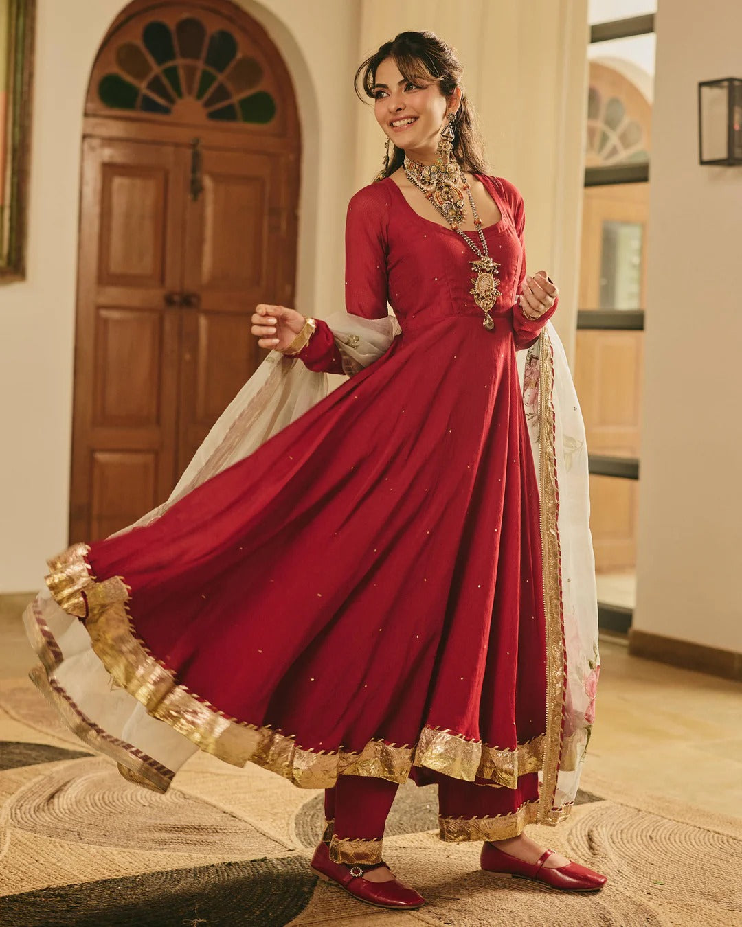 Maroon Anarkali Suit Set with Floral Embroidered Dupatta for Women